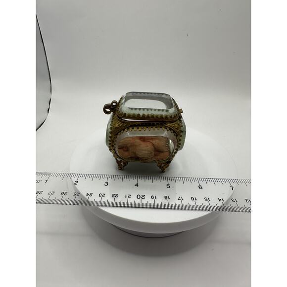 Antique French Ormolu Gilded Bronze Beveled Glass Jewelry Casket Ring Box Pillow - Picture 11 of 11